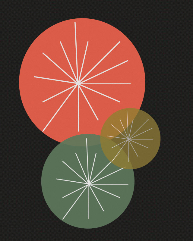 mid century modern style art print with circles and starbursts on black background