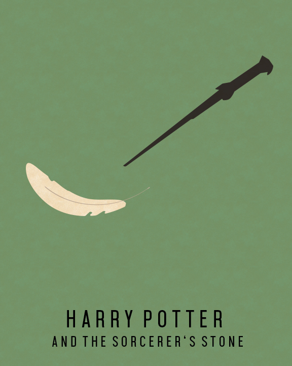 harry potter and the sorcerer's stone minimalist book cover with wand and floating feather